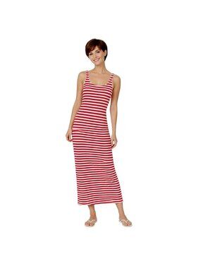 ZARA Red & White Striped Ribbed Knit Sleeveless Maxi Dress With Crisscross Back